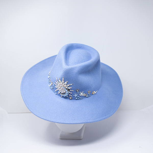 Boutique Wool Fedora Felt Sun Moon Crystal Jewel Embellished Hat Blue One Size