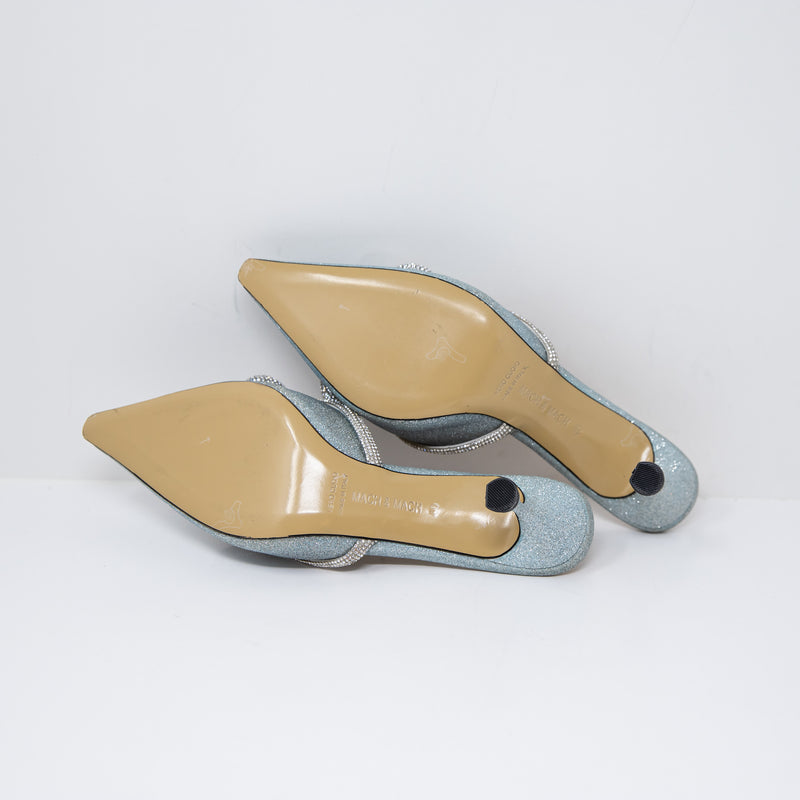 NEW Mach &amp; Mach Double Crystal Jewel Bow Pointed Toe Heels Shoes Blue Silver 10