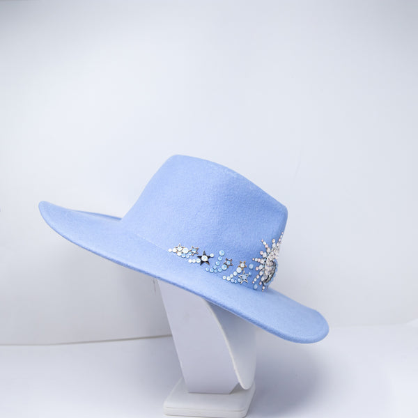 Boutique Wool Fedora Felt Sun Moon Crystal Jewel Embellished Hat Blue One Size