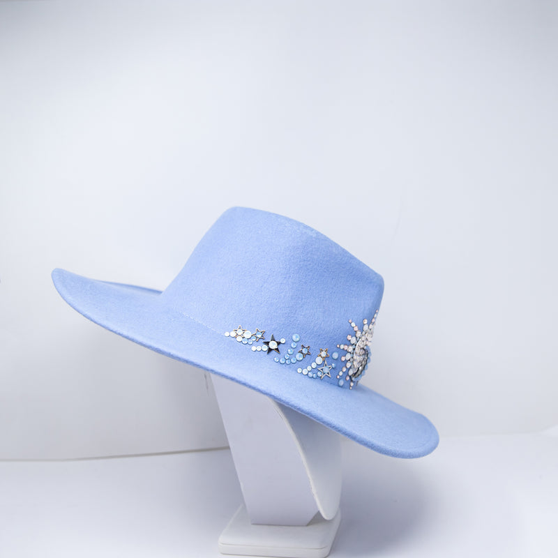 Boutique Wool Fedora Felt Sun Moon Crystal Jewel Embellished Hat Blue One Size