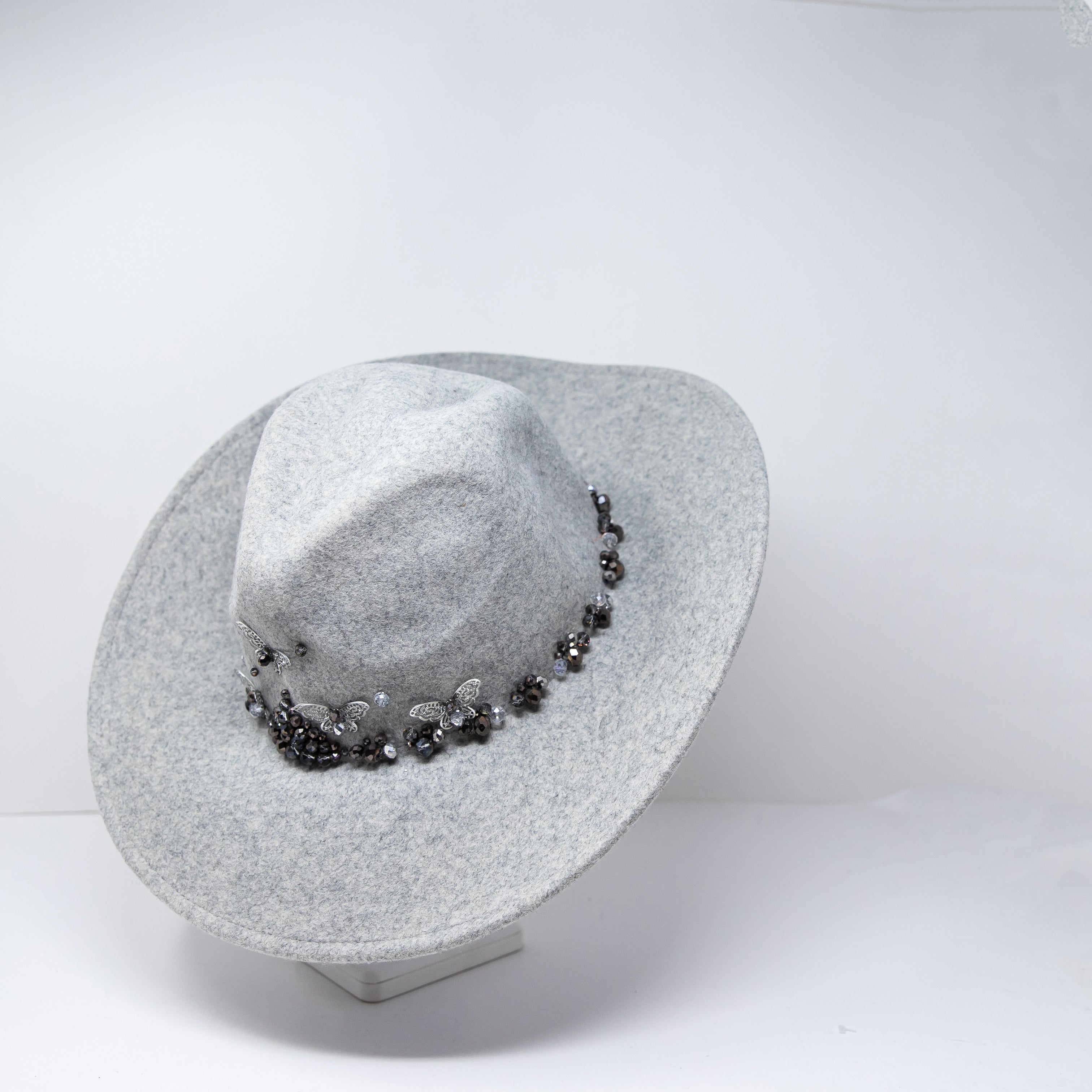 Boutique Wool Fedora Felt Butterfly Beaded Embellished Hat Gray One Size