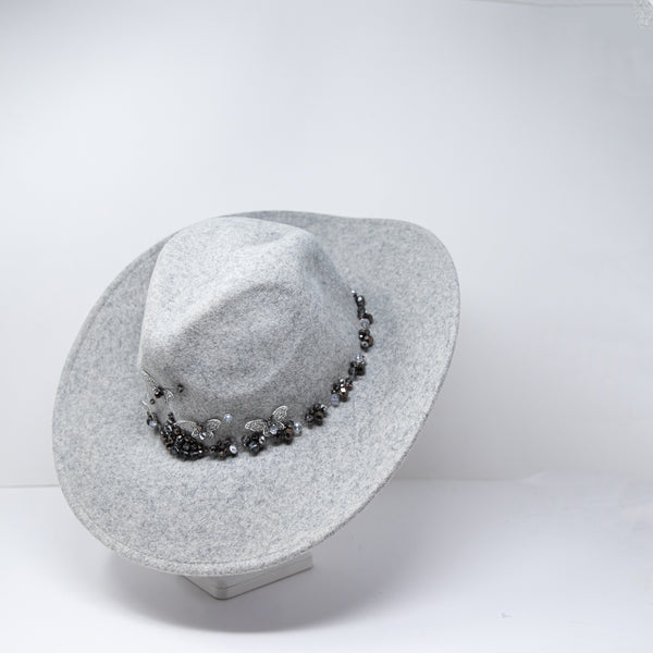 Boutique Wool Fedora Felt Butterfly Beaded Embellished Hat Gray One Size