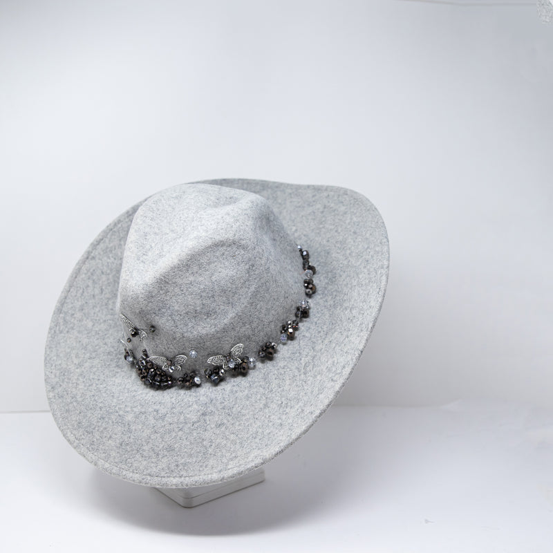 Boutique Wool Fedora Felt Butterfly Beaded Embellished Hat Gray One Size