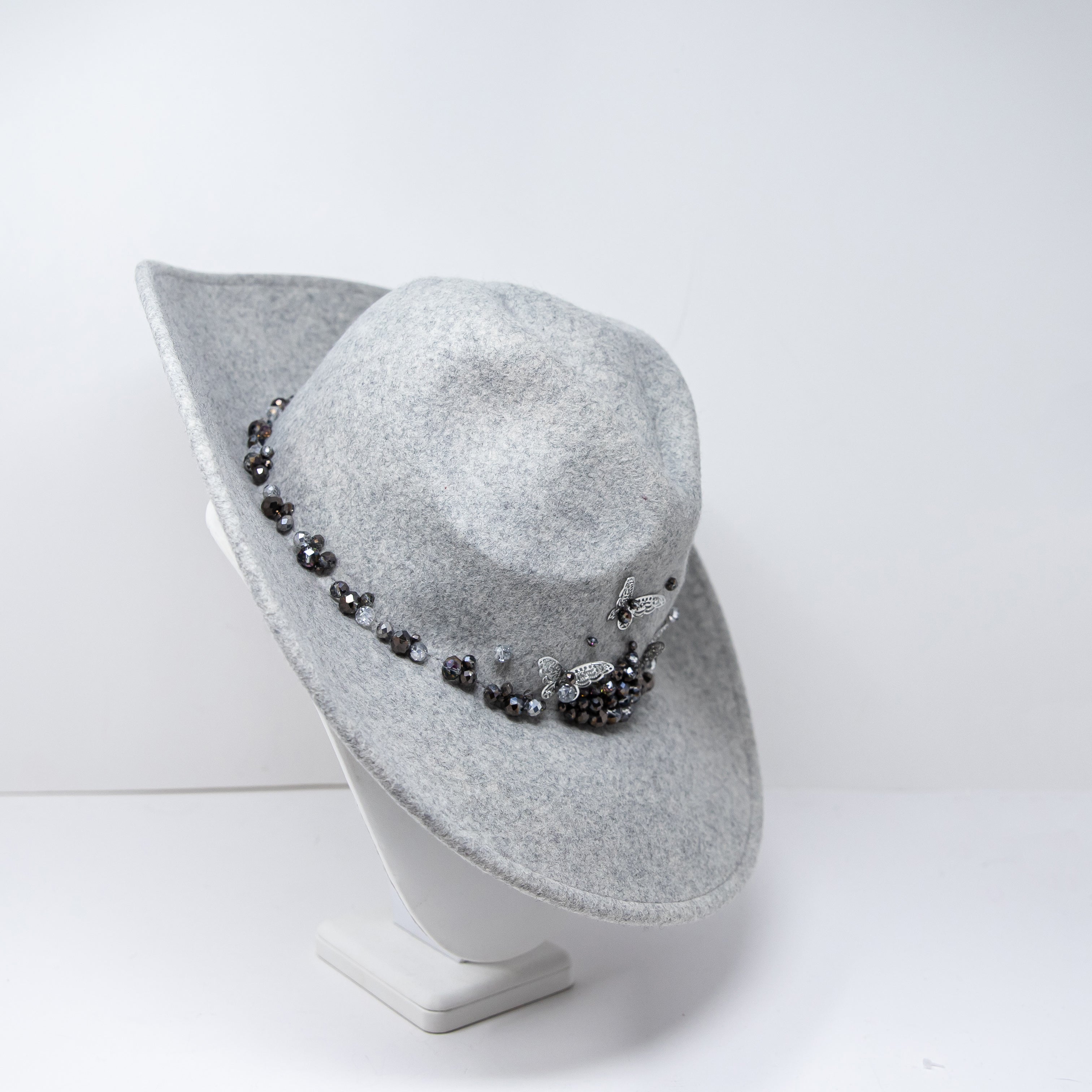 Boutique Wool Fedora Felt Butterfly Beaded Embellished Hat Gray One Size