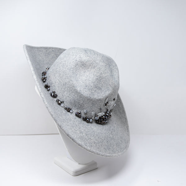 Boutique Wool Fedora Felt Butterfly Beaded Embellished Hat Gray One Size