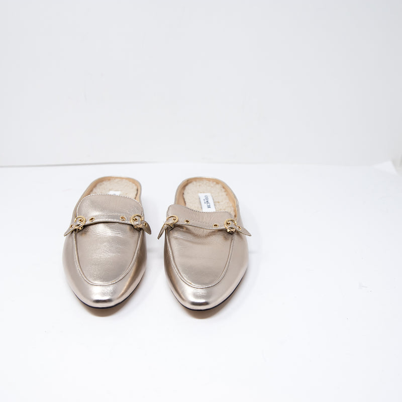 Coach Irene Genuine Leather Shearling Lined Backless Slip On Mules Flats Shoes