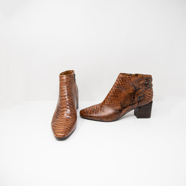 Donald Pliner Alek Faux Snake Embossed Leather Ankle Heel Booties Shoes Brown