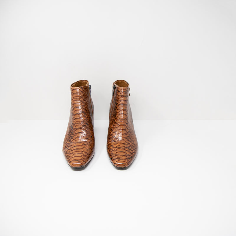 Donald Pliner Alek Faux Snake Embossed Leather Ankle Heel Booties Shoes Brown