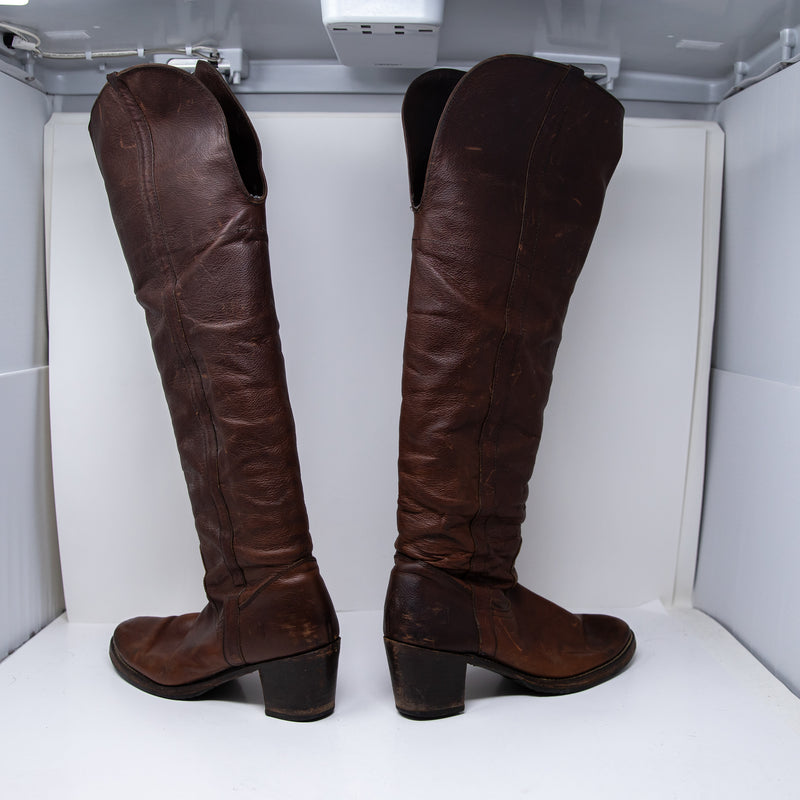 Frye Women's Genuine Leather Over The Knee Block High Heel Pull On Boots Shoes