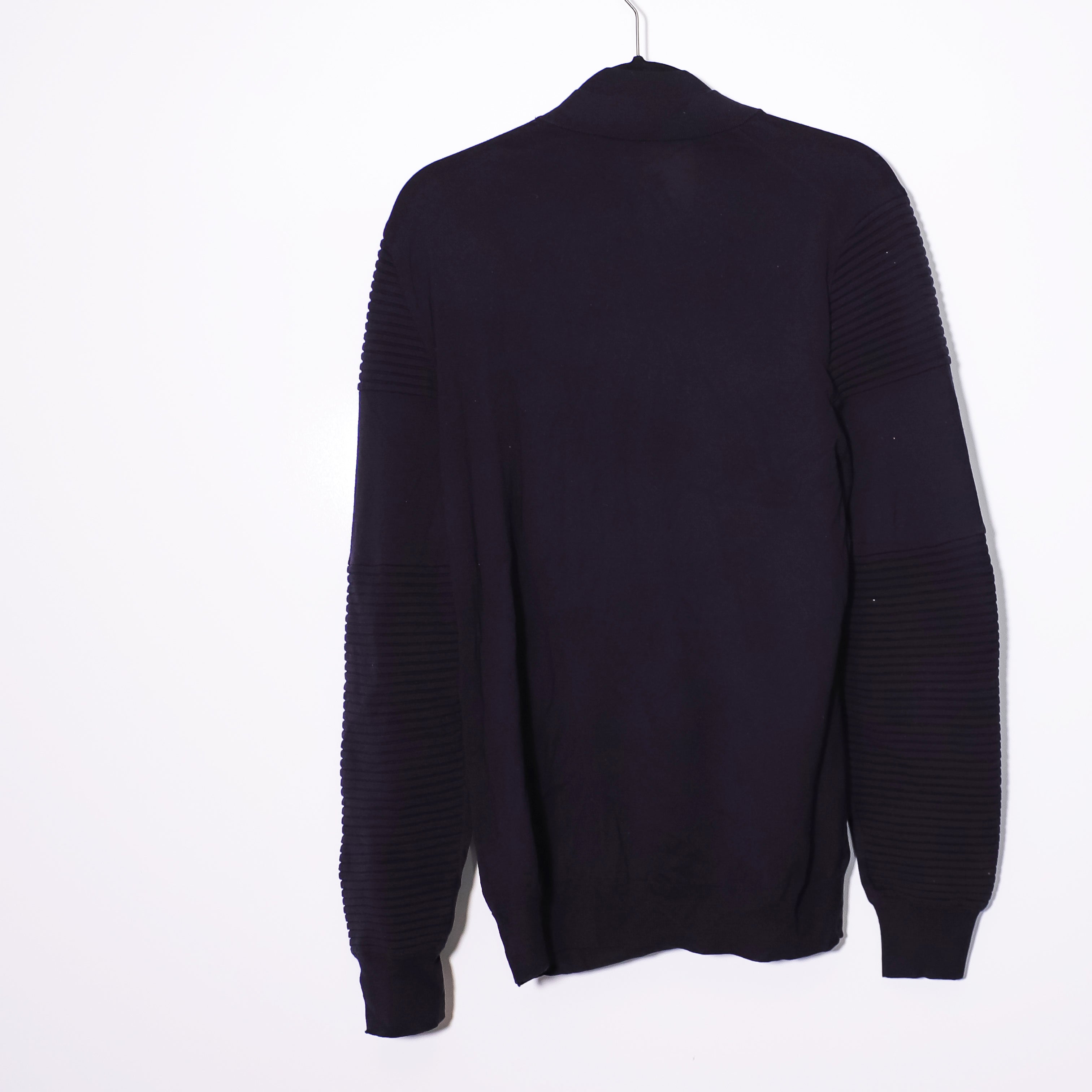 Neil Barrett Men's Wool Knit V Neck Ribbed Shoulder Pullover Sweater Navy Blue L