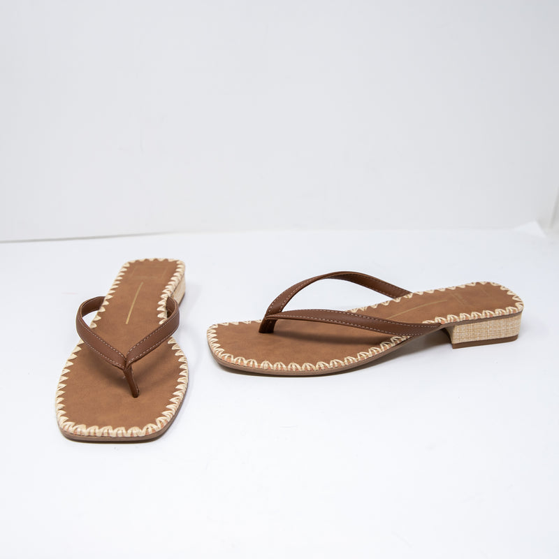 NEW Dolce Vita Barty Square Toe Block Heel Flip Flops Sandals Shoes Cognac Brown
