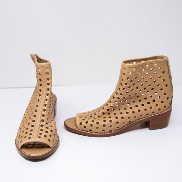 Loeffler Randall Lone Genuine Leather Perforated Open Toe Ankle Block Heel Boots