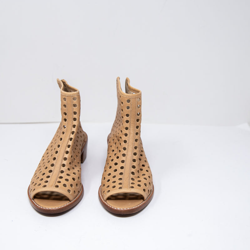 Loeffler Randall Lone Genuine Leather Perforated Open Toe Ankle Block Heel Boots