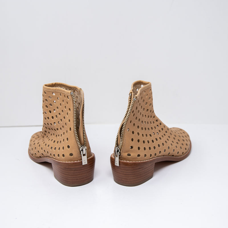 Loeffler Randall Lone Genuine Leather Perforated Open Toe Ankle Block Heel Boots