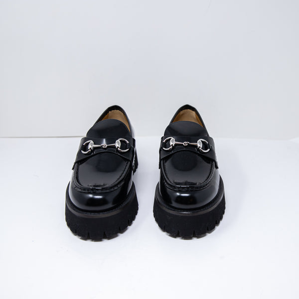 NEW Gucci Genuine Leather Rubber Lug Sole Interlocking Horsebit Loafers Shoes