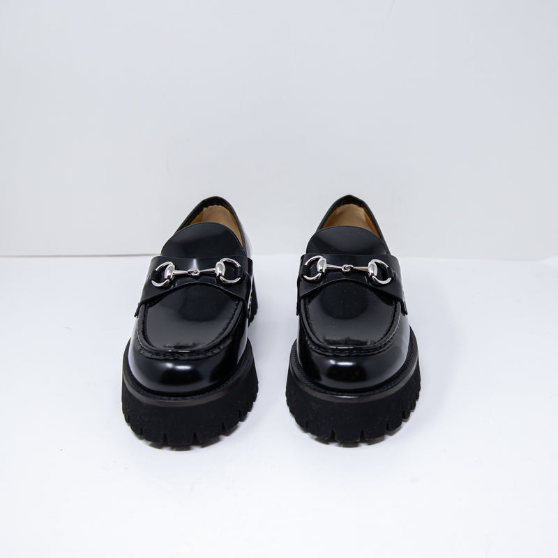 NEW Gucci Genuine Leather Rubber Lug Sole Interlocking Horsebit Loafers Shoes