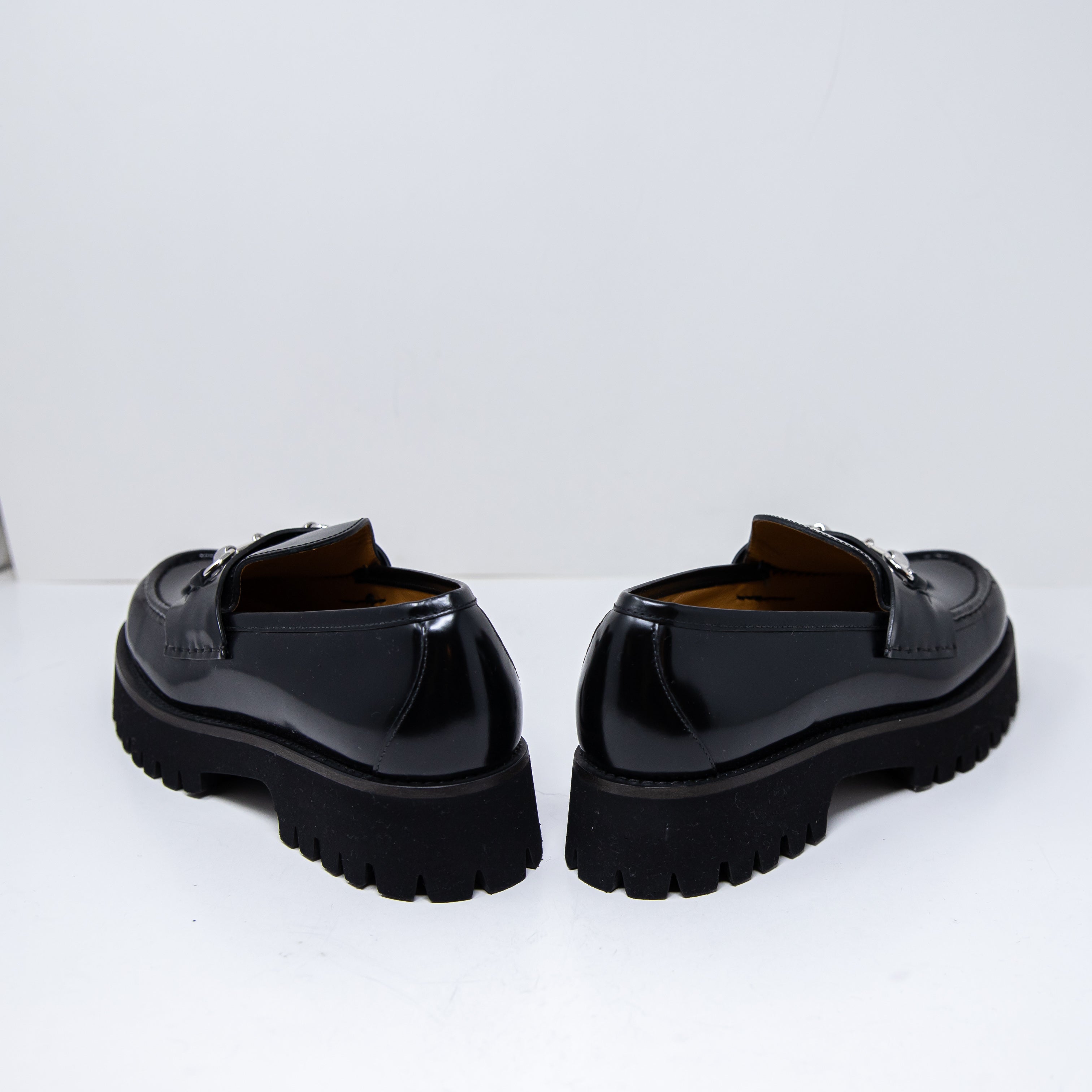 NEW Gucci Genuine Leather Rubber Lug Sole Interlocking Horsebit Loafers Shoes