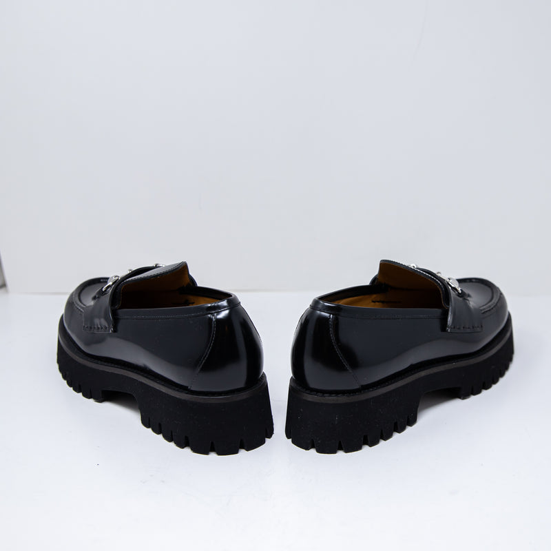 NEW Gucci Genuine Leather Rubber Lug Sole Interlocking Horsebit Loafers Shoes