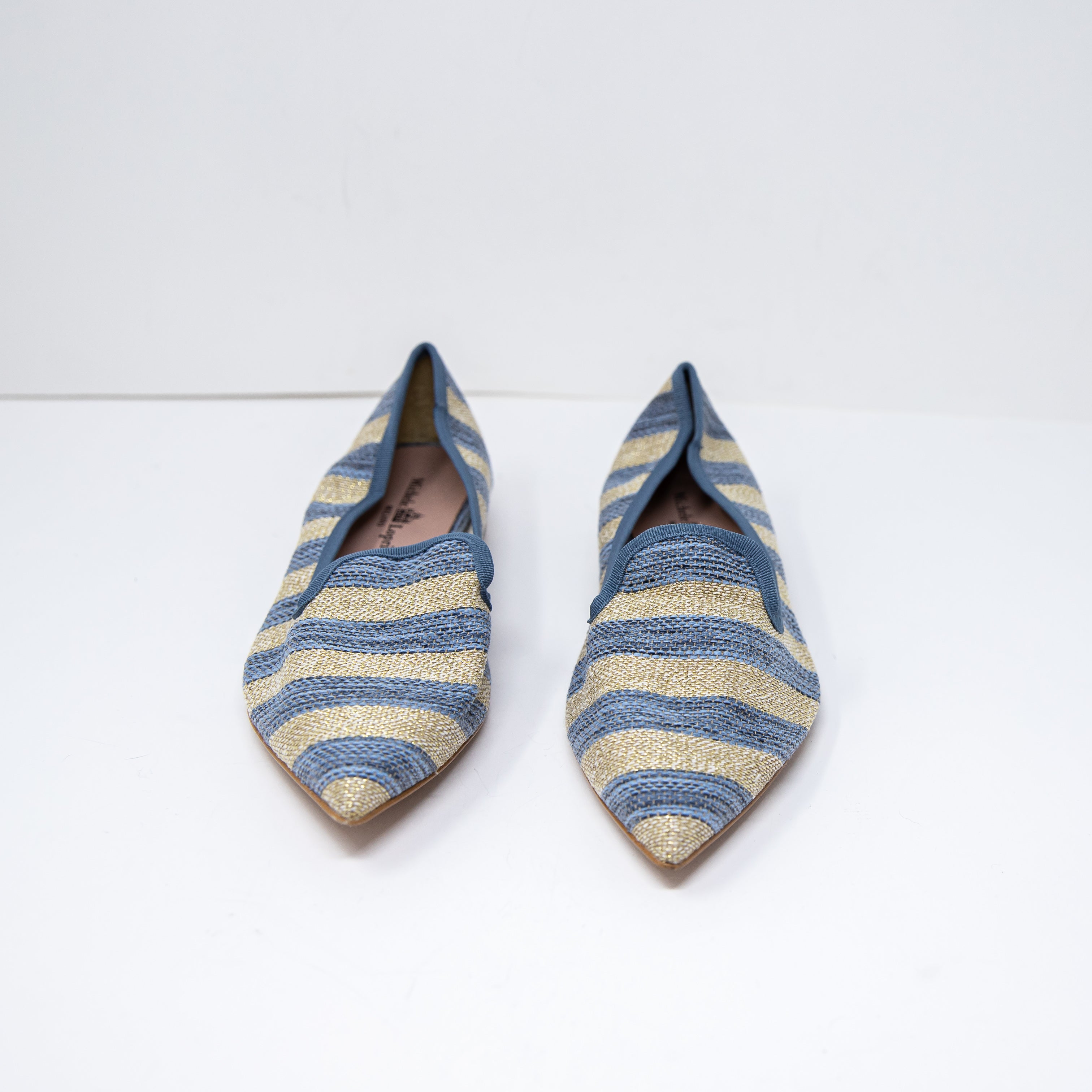 NEW Michele Lopriore Elyse Pointy Loafer Multicolor Blue Gold Stripe Flat Shoes