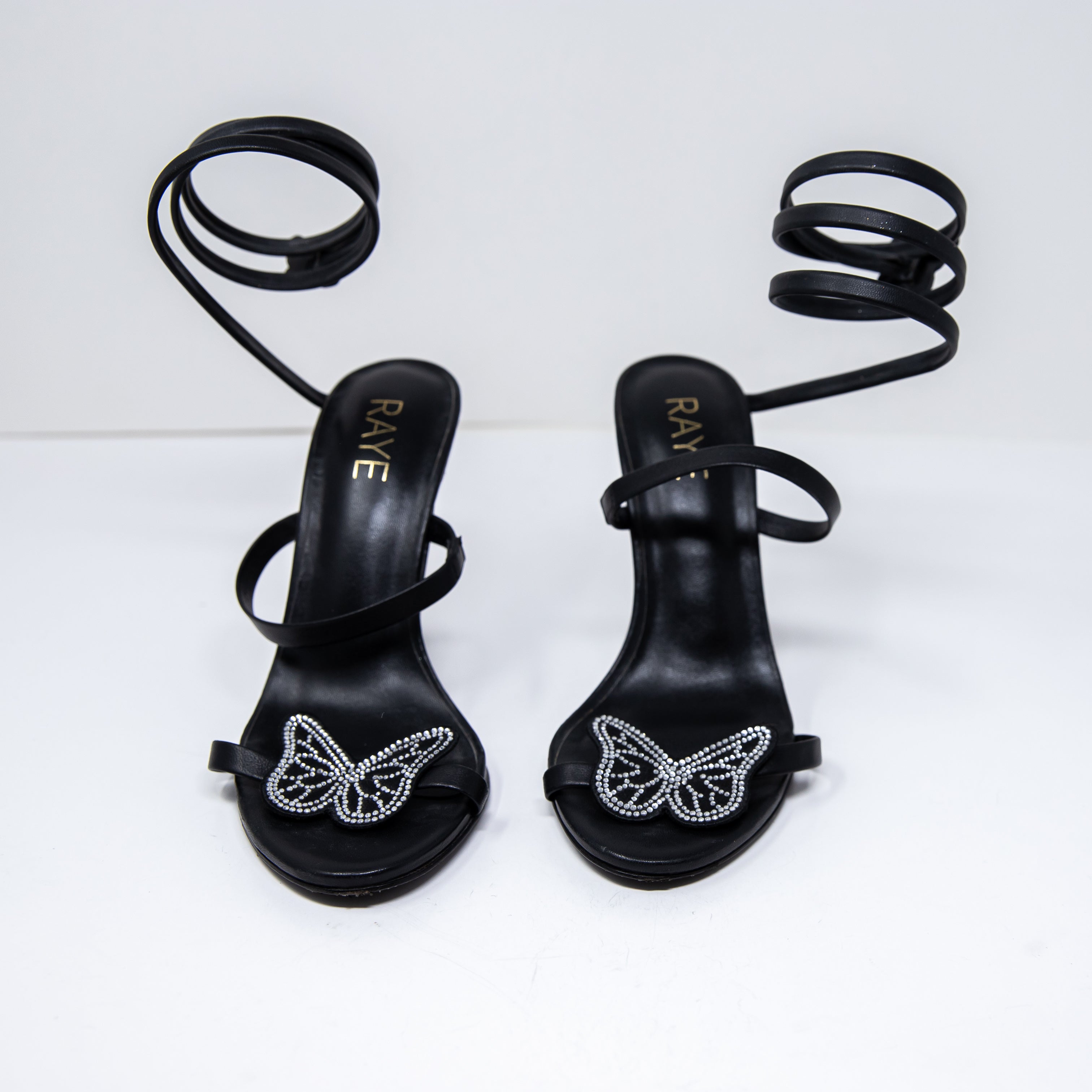 Raye Teslik Butterfly Crystal Jewel Diamond Ankle Wrap High Heels Shoes Black
