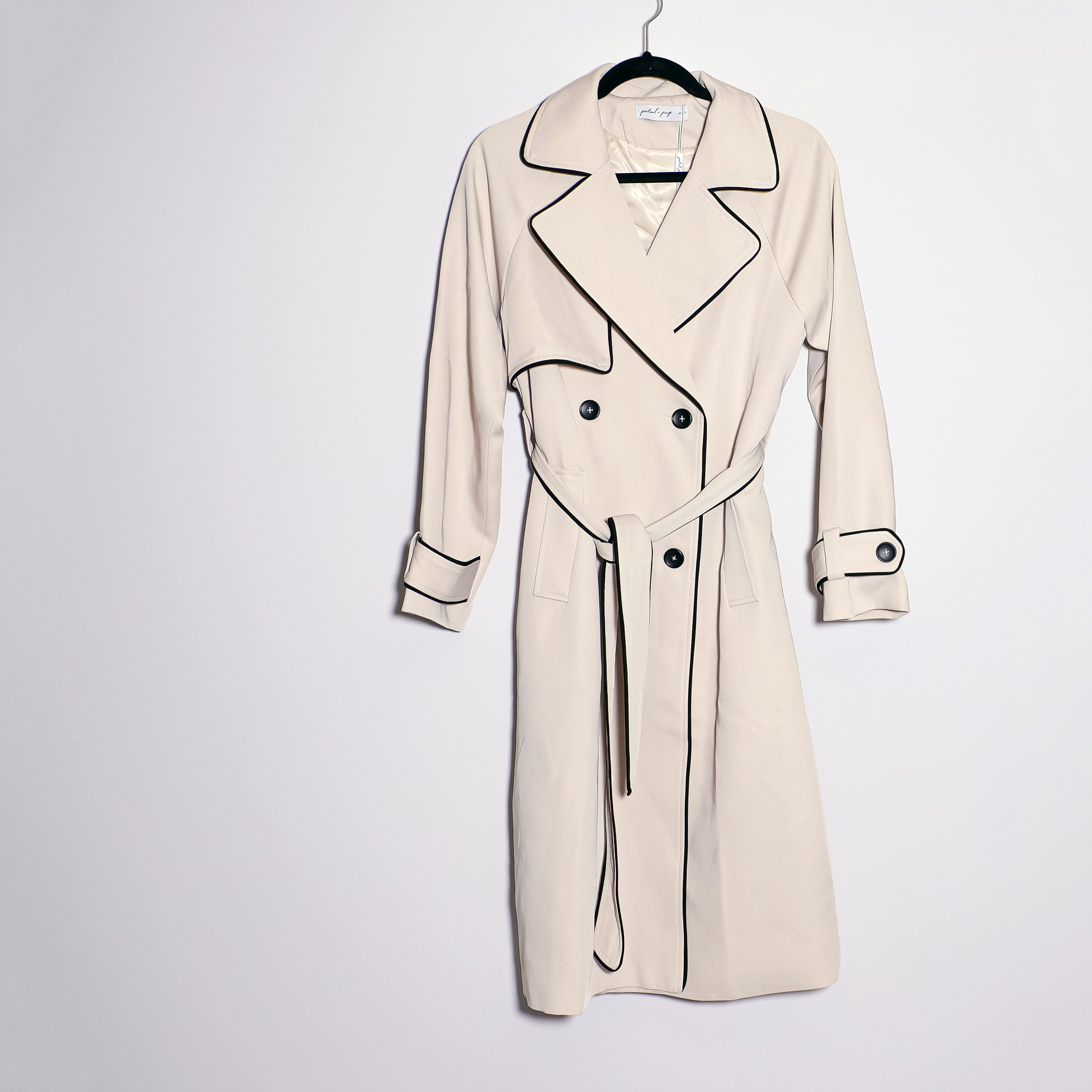 NEW Petal + Pup Cayenne Contrast Binding Belted Trench Coat Jacket Beige Black 4