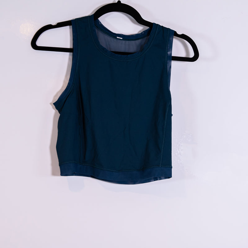 Lululemon Women's Semi Sheer Mesh Back Sleeveless Crew Neck Crop Tank Top Blue