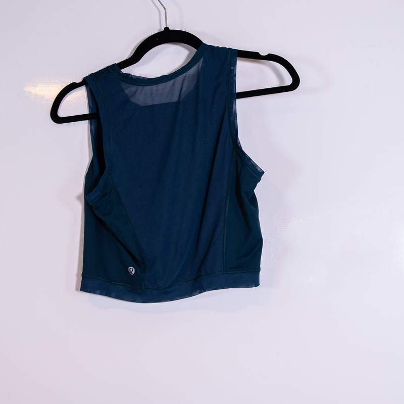 Lululemon Women's Semi Sheer Mesh Back Sleeveless Crew Neck Crop Tank Top Blue