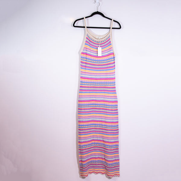 NEW Z Supply Santa Cruz Stripe Crochet Knit Midi Dress Raspberry Sorbet Multi L