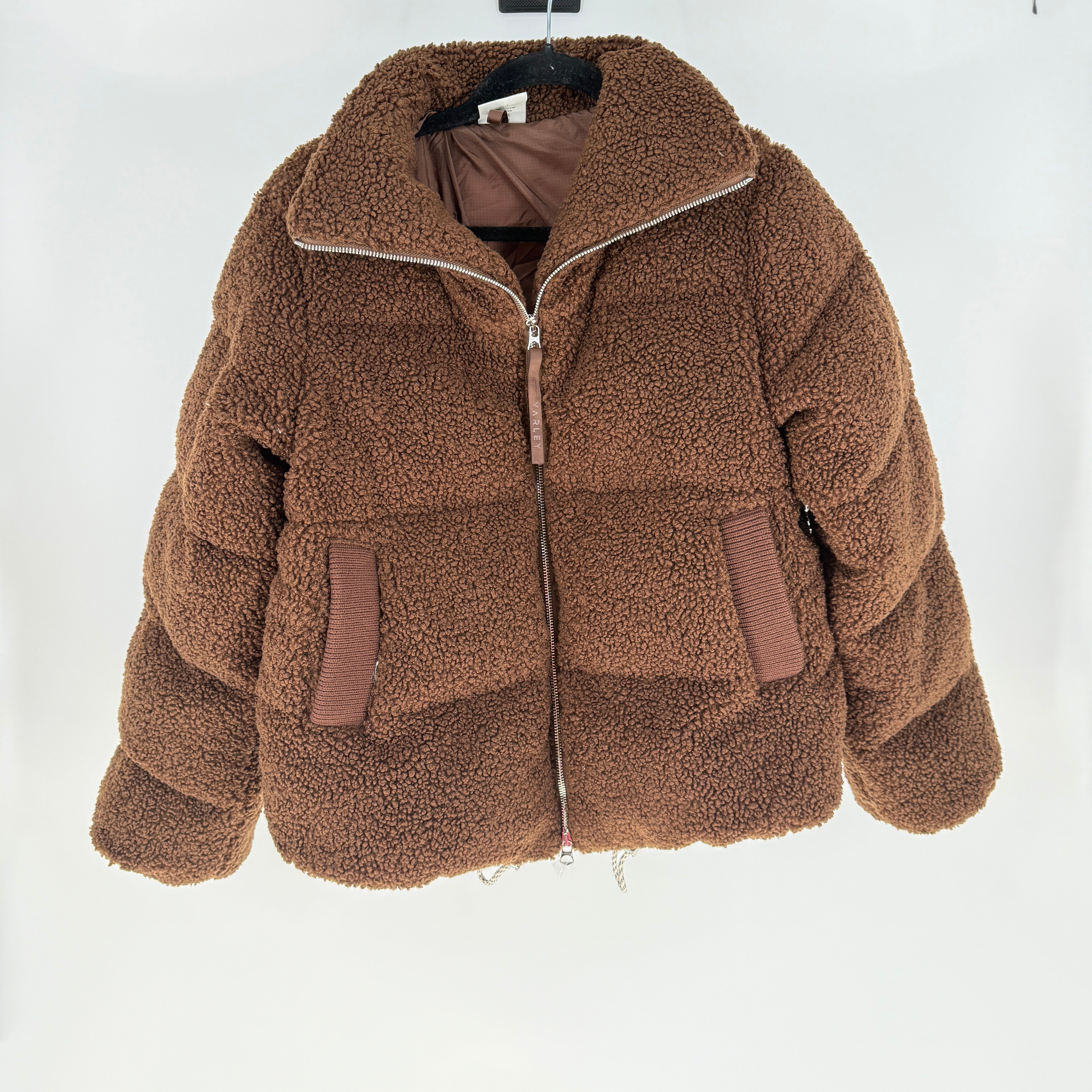 Varley Women's Wilkins Boucle Sherpa Faux Vegan Fur Puffer Jacket Coat Brown S