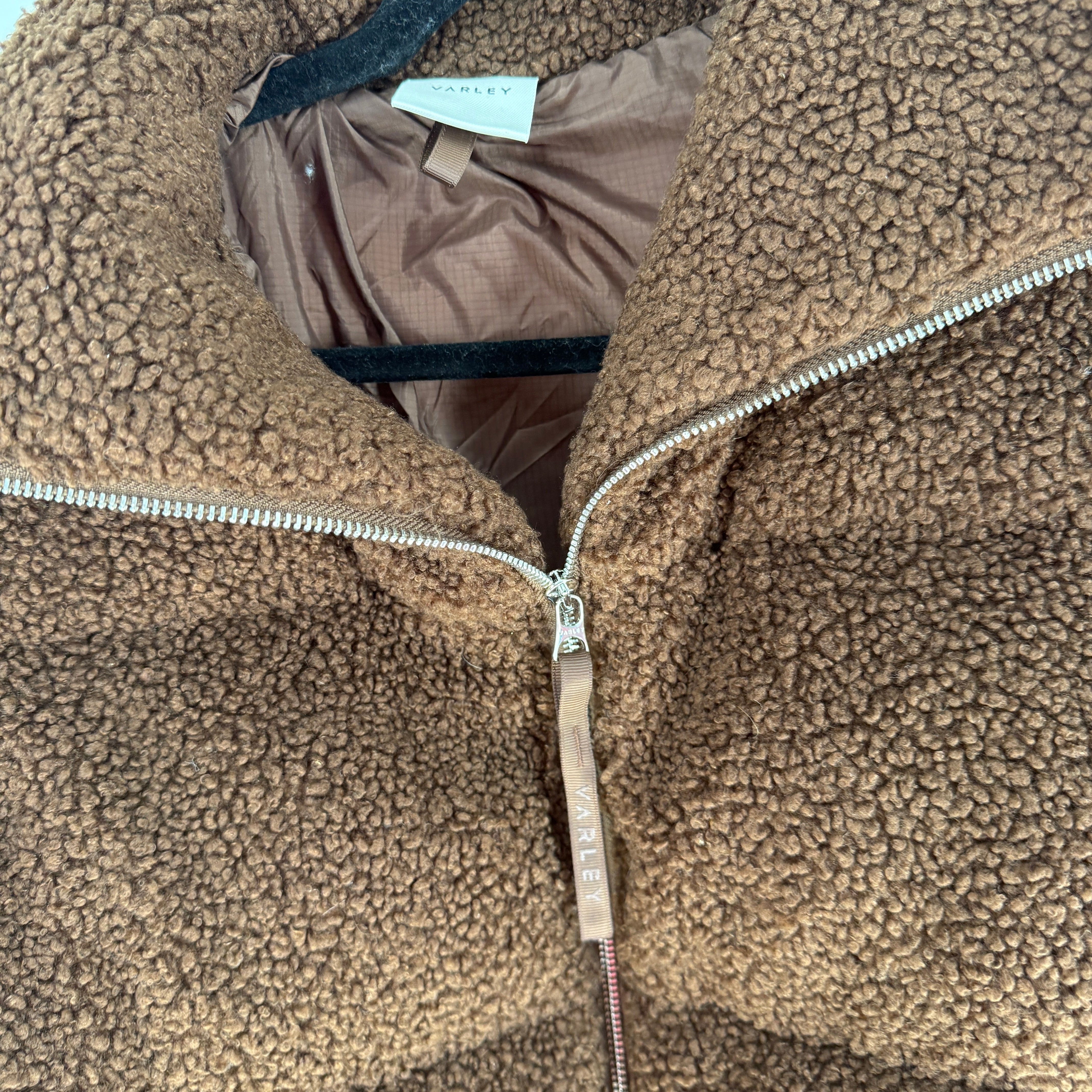 Varley Women's Wilkins Boucle Sherpa Faux Vegan Fur Puffer Jacket Coat Brown S
