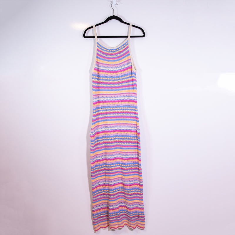 NEW Z Supply Santa Cruz Stripe Crochet Knit Midi Dress Raspberry Sorbet Multi L