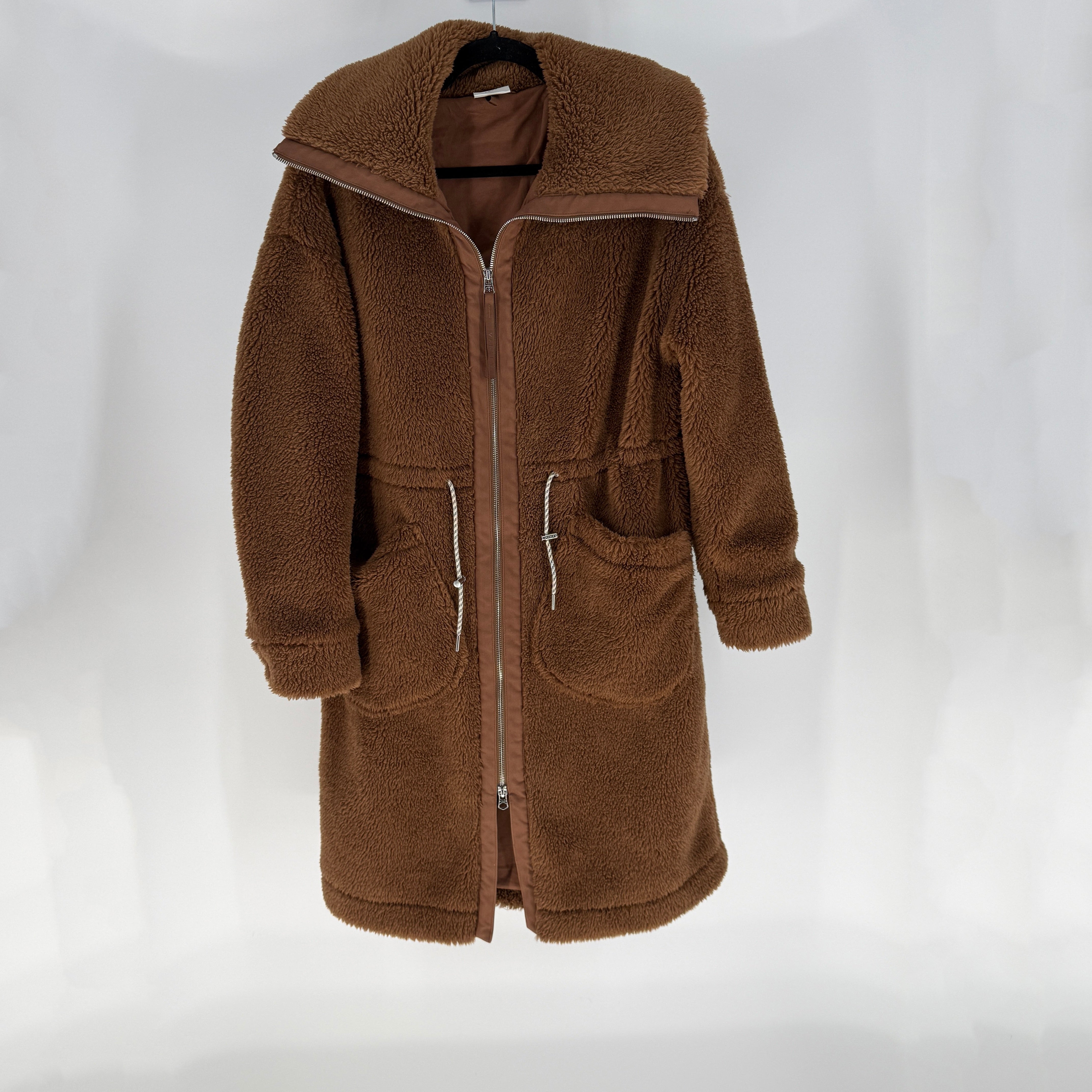 Varley Logan Sherpa Faux Shearling Full Zip Spread Collar Coat Jacket Brown S