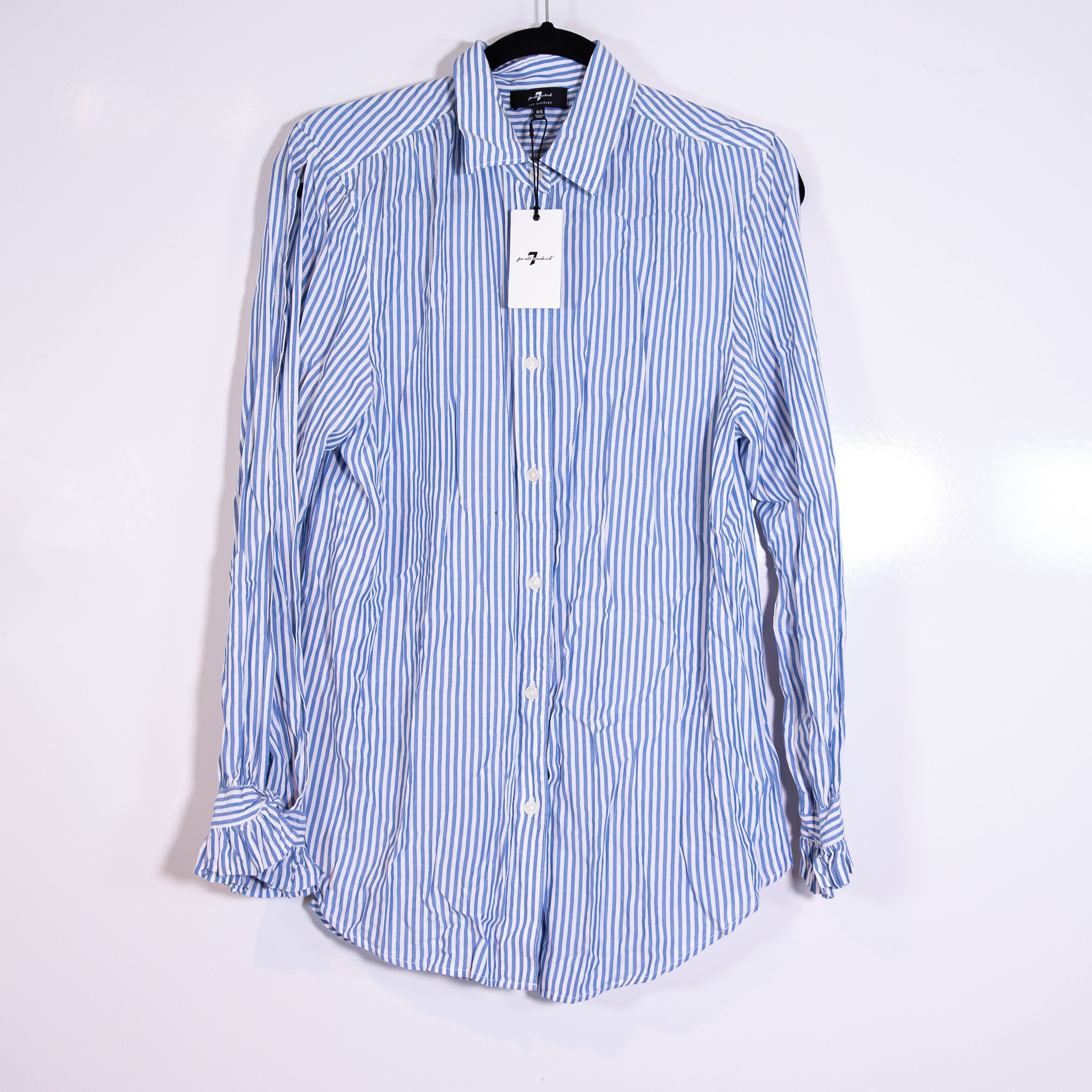 NEW 7 For All Mankind Blue White Stripe Print Collared Button Down Blouse Shirt