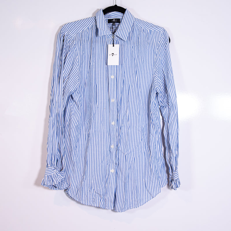 NEW 7 For All Mankind Blue White Stripe Print Collared Button Down Blouse Shirt