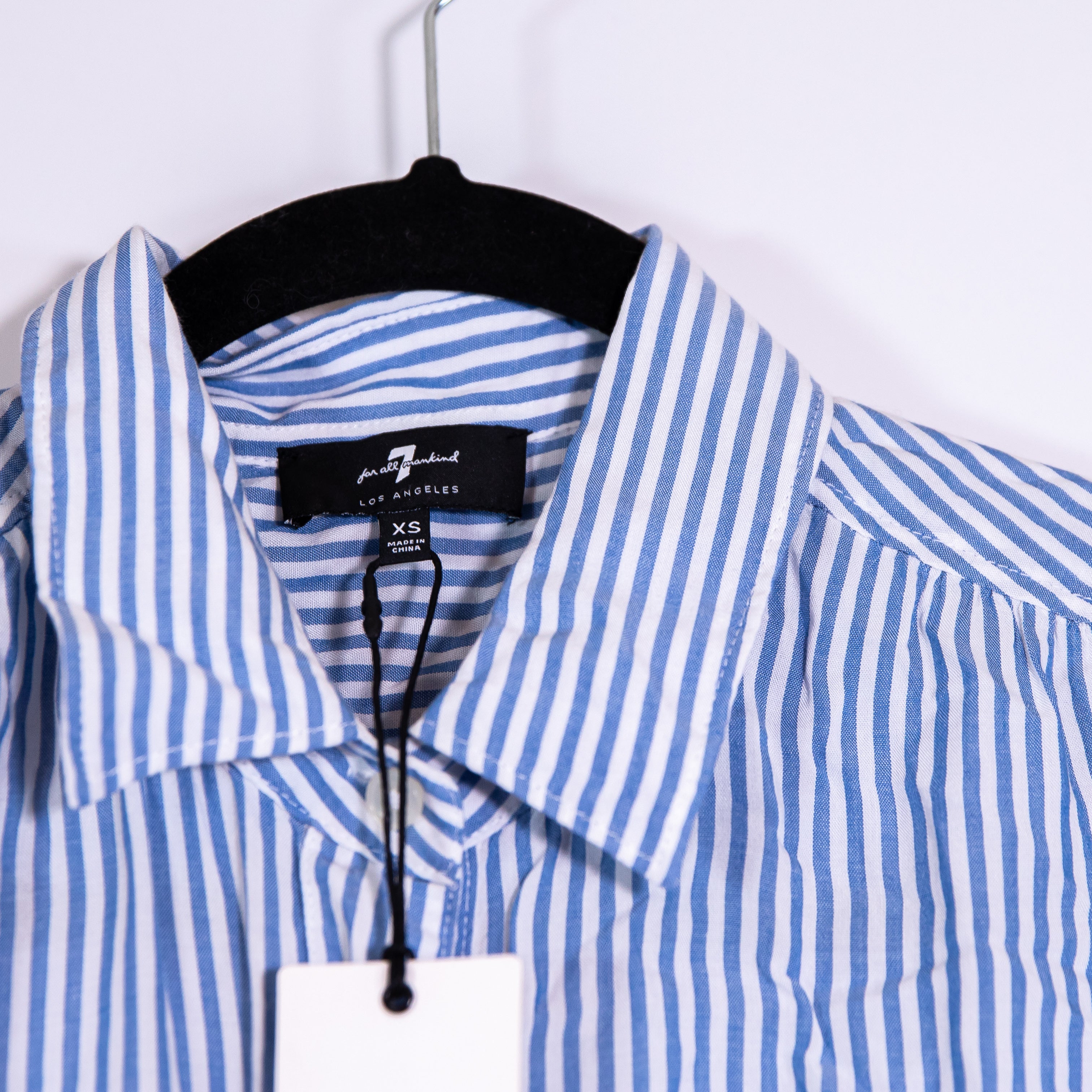 NEW 7 For All Mankind Blue White Stripe Print Collared Button Down Blouse Shirt