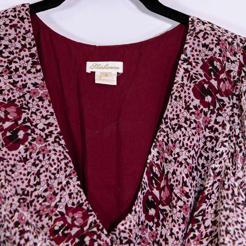 Shoshanna Elnora Silk Chiffon Ruched Boysenberry Multi Print Midi Dress 4