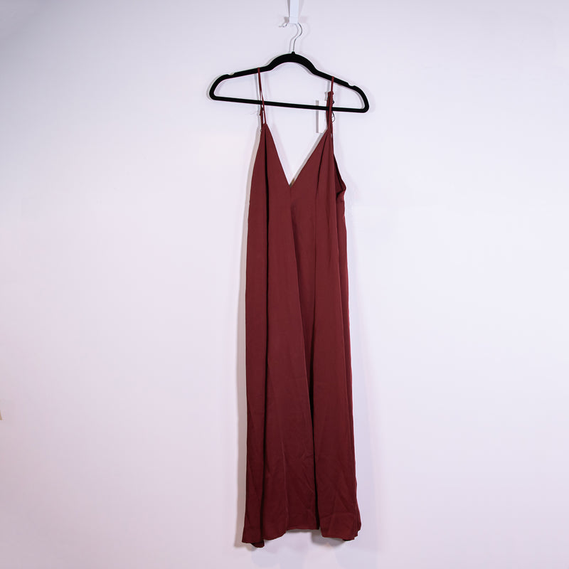 NEW Resa Hannah V Neck Pullover Belted Midi Burgundy Satin Dress M