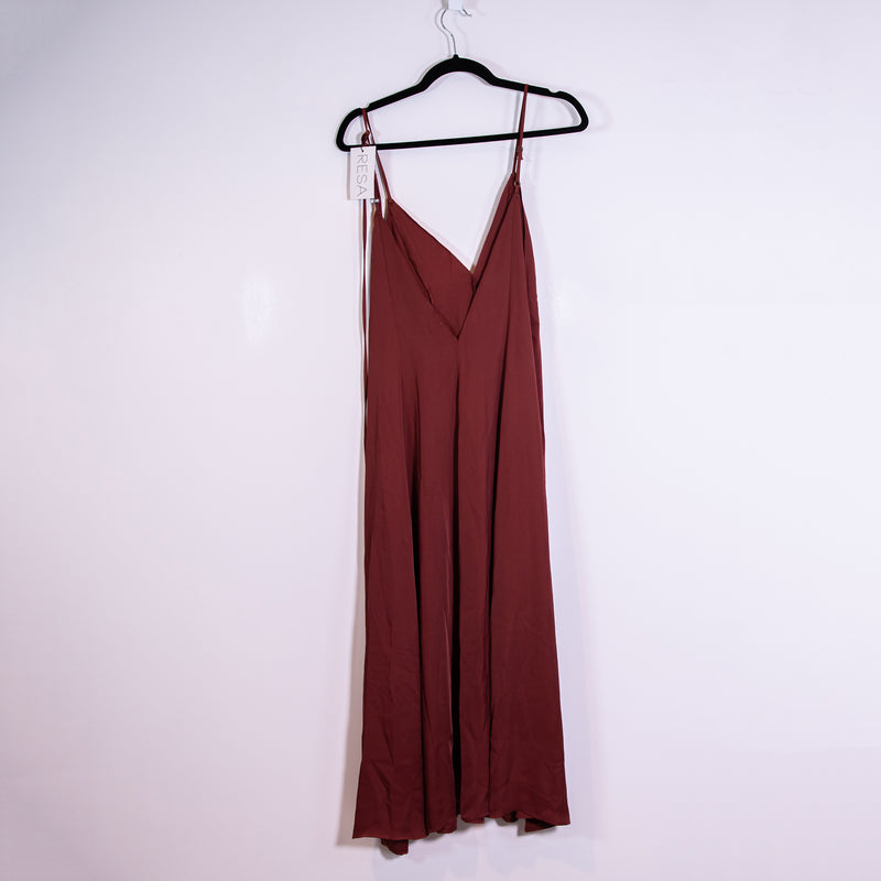NEW Resa Hannah V Neck Pullover Belted Midi Burgundy Satin Dress M