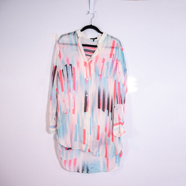 Rag &amp; Bone Scarlet Silk Chiffon Button Front Collared Geometric Blouse Shirt S