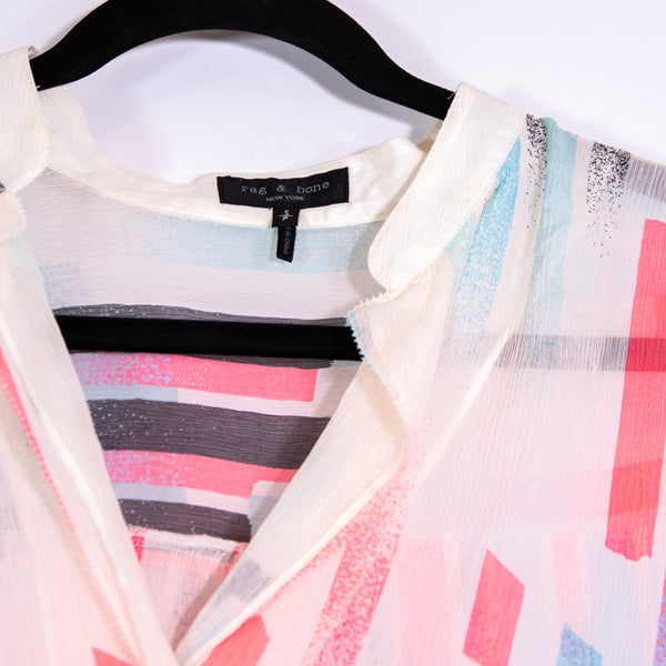 Rag &amp; Bone Scarlet Silk Chiffon Button Front Collared Geometric Blouse Shirt S