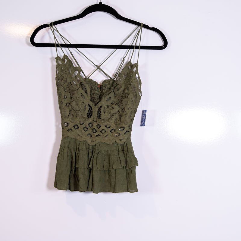 NEW Free People Adella Camisole Lace Crochet Applique Olive Sparrow Tank Top M