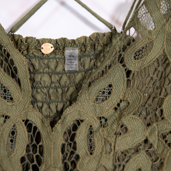 NEW Free People Adella Camisole Lace Crochet Applique Olive Sparrow Tank Top M