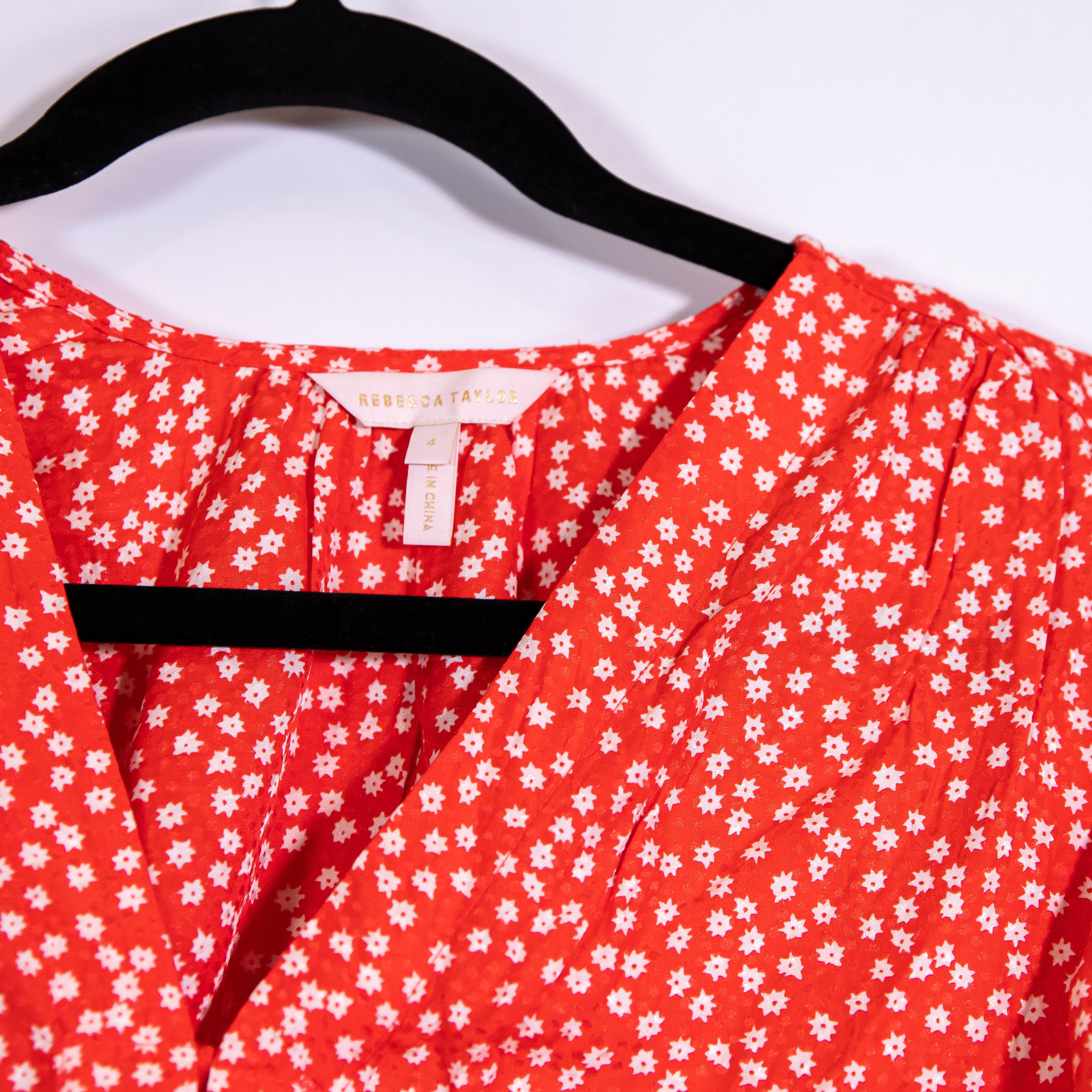 Rebecca Taylor Malia Red Silk Floral Cherry Red Micro Floral Blouse Shirt Top 4