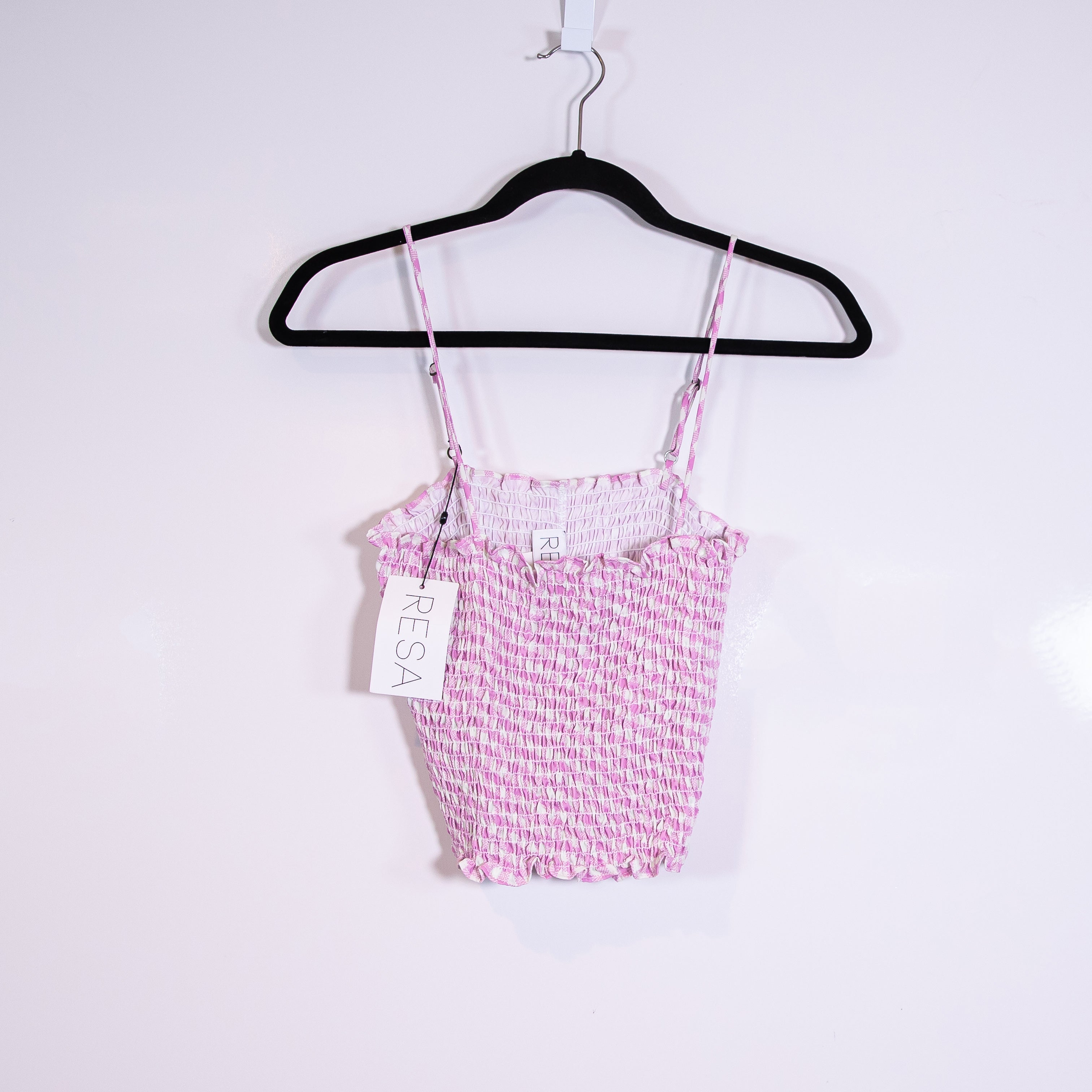 NEW Resa Smocked Stretch Purple White Gingham Check Print Pattern Tank Top M