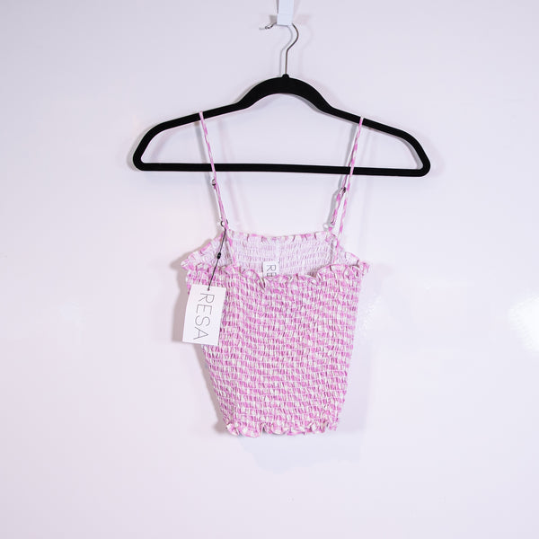 NEW Resa Smocked Stretch Purple White Gingham Check Print Pattern Tank Top M