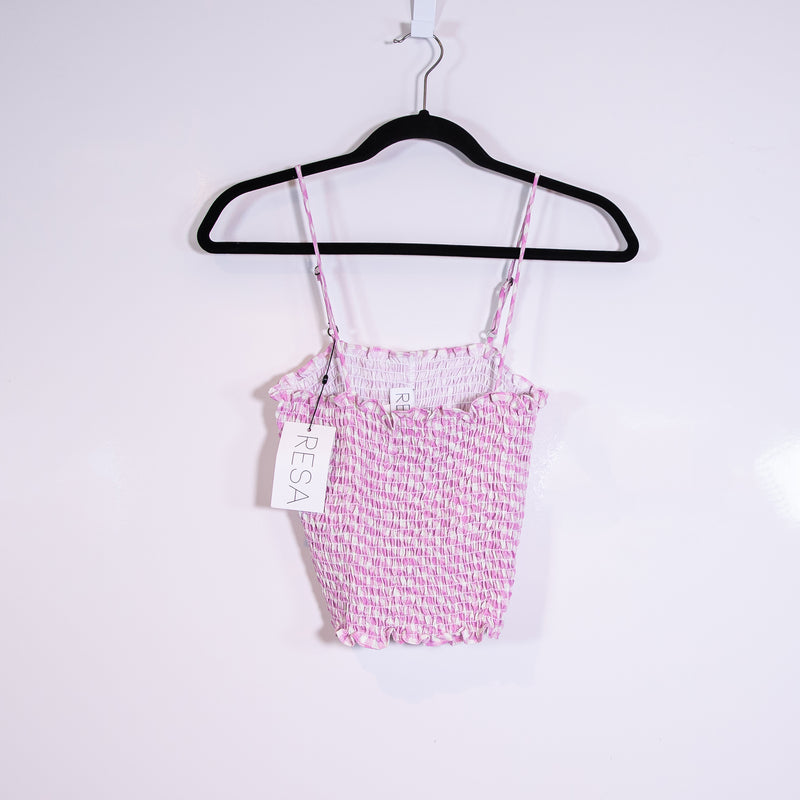 NEW Resa Smocked Stretch Purple White Gingham Check Print Pattern Tank Top M