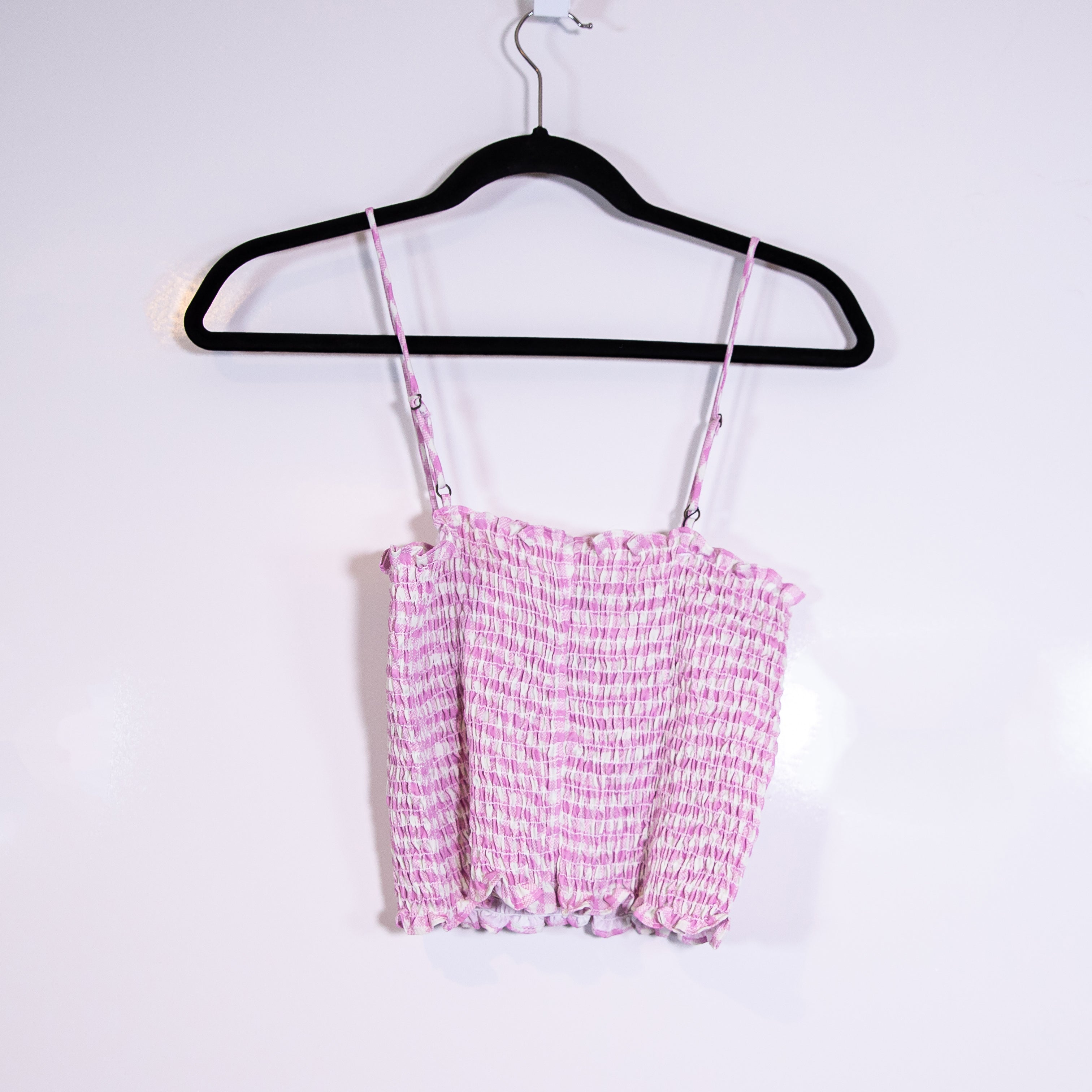 NEW Resa Smocked Stretch Purple White Gingham Check Print Pattern Tank Top M