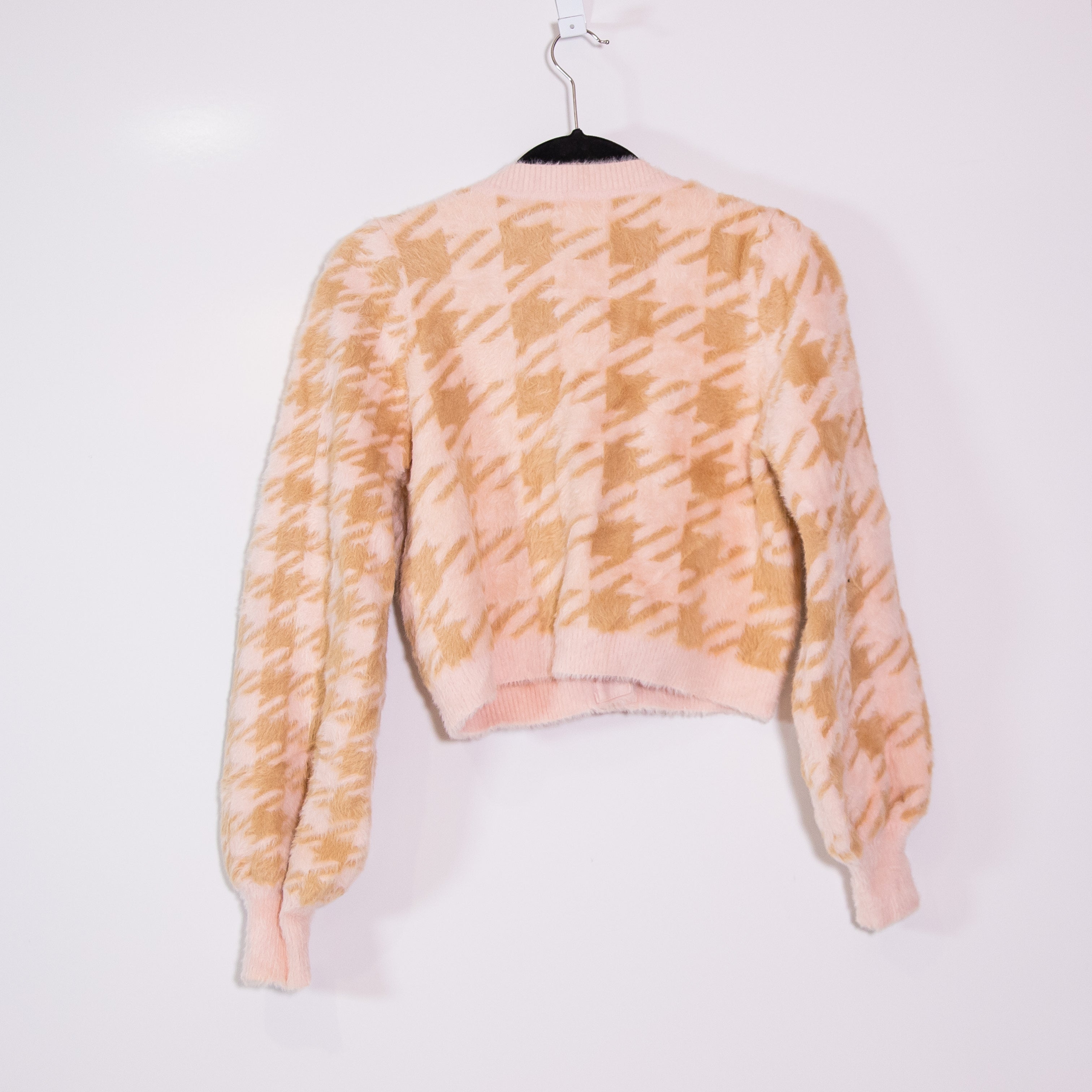 For Love And Lemons Cher Houndstooth Print Fuzzy Knit Cardigan Sweater Pink M