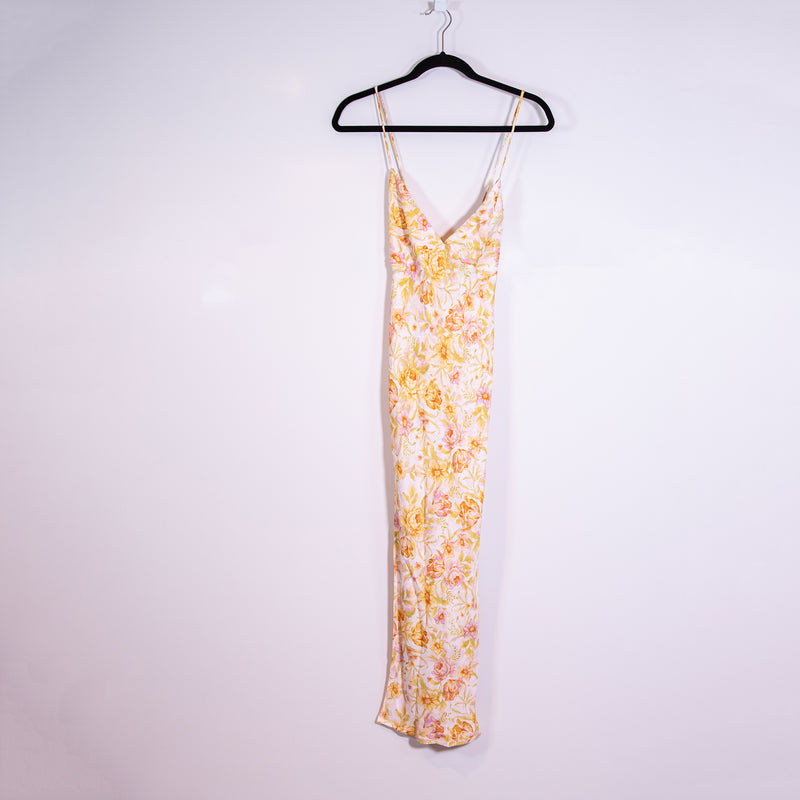 NEW RESA Marisol Pull On Satin Chiffon Gardenia Floral Print Pattern Midi Dress