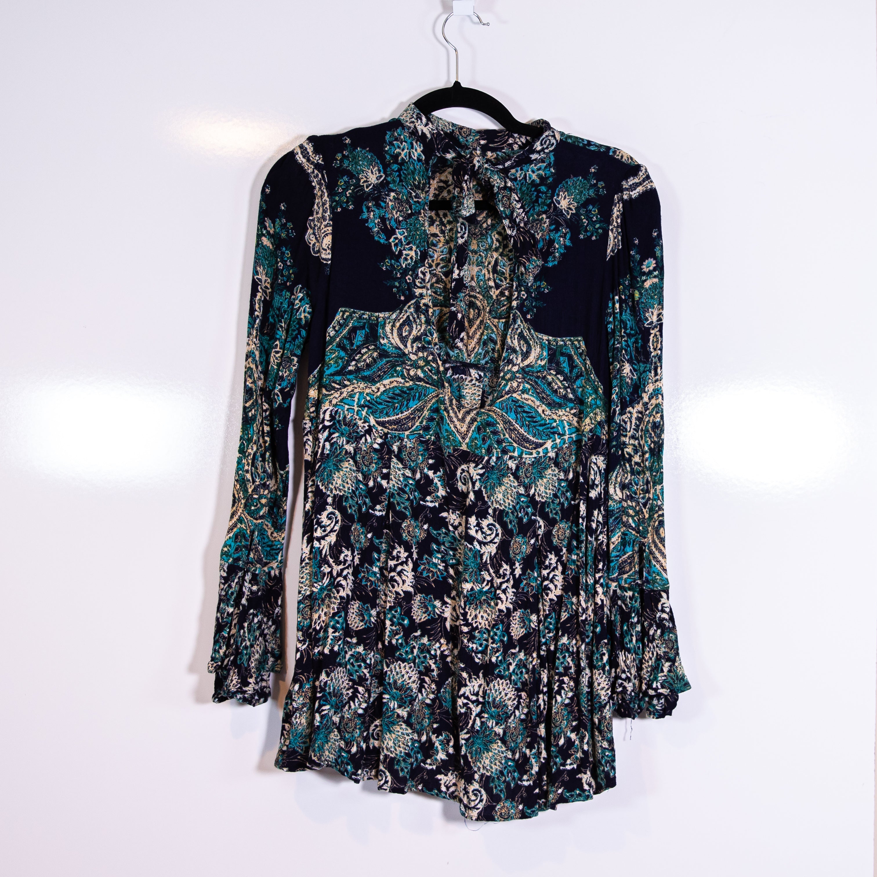 Free People Lady Luck High Neck Long Sleeves Cut Out Back Mini Tunic Dress Blue